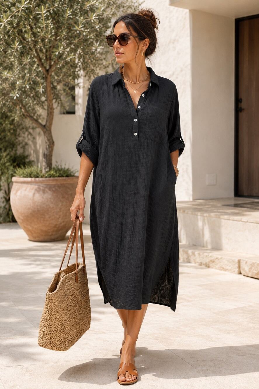 J.Jill Cotton Gauze Shirt Dress Small Petite Black Midi 100% Cotton Lagenlook